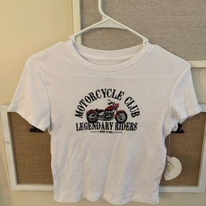 Brand New! White crop top tee with motorcycle design. Size Small